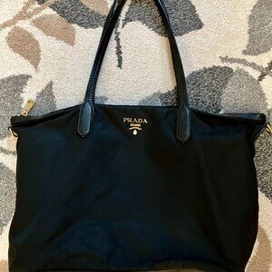 PRADA Black Tessuto Nylon/Leather Medium Tote Bag Purse